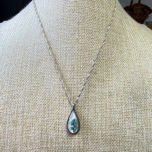 Vintage CL turquoise flower on mother of pearl, sterling silver necklace